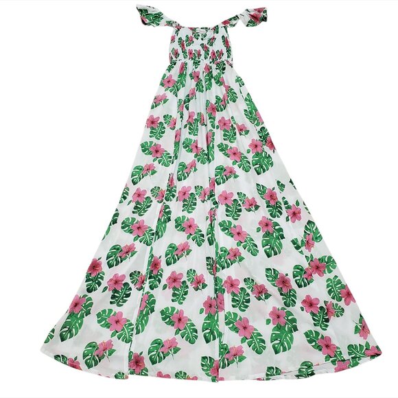 Tiare Hawaii Hollie Maxi Dress OS Tahitian Hibiscus Smocked Slits Vacation Beach - Picture 5 of 15